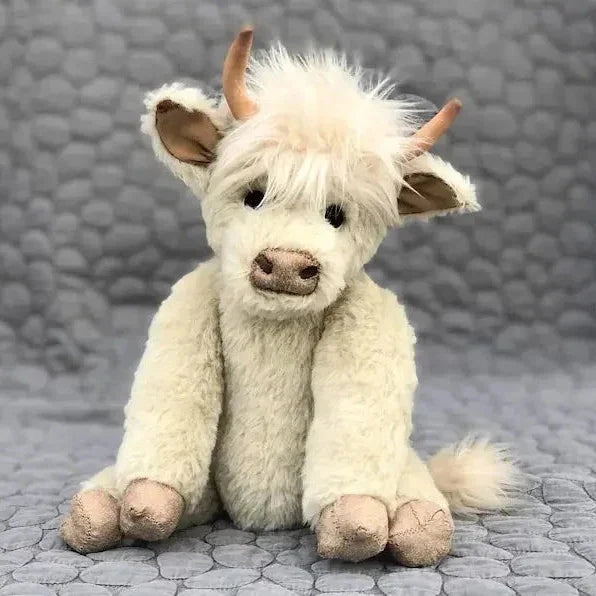 Handcrafted Highland Cow Plush with Floral Crown – Soft Alpaca Fiber Stuffed Animal Décor for Kids & Adults, Poseable Limbs & Head, Glass | Thomler