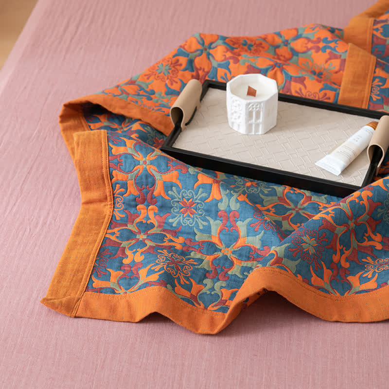 Six-Layer Cotton Quilt Reversible Lightweight Blanket Orange Blue Geometric Pattern for Year-Round Comfort Bedroom Guest Room | Thomler