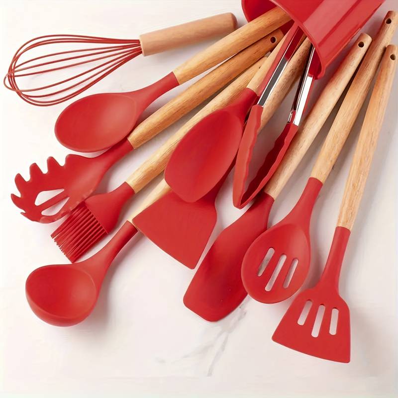 12-Piece Silicone Cooking Utensil Set with Wood Handles Heat Resistant Kitchen Tools for Nonstick Cookware Home Chef Spatula Spoon Whisk | Thomler