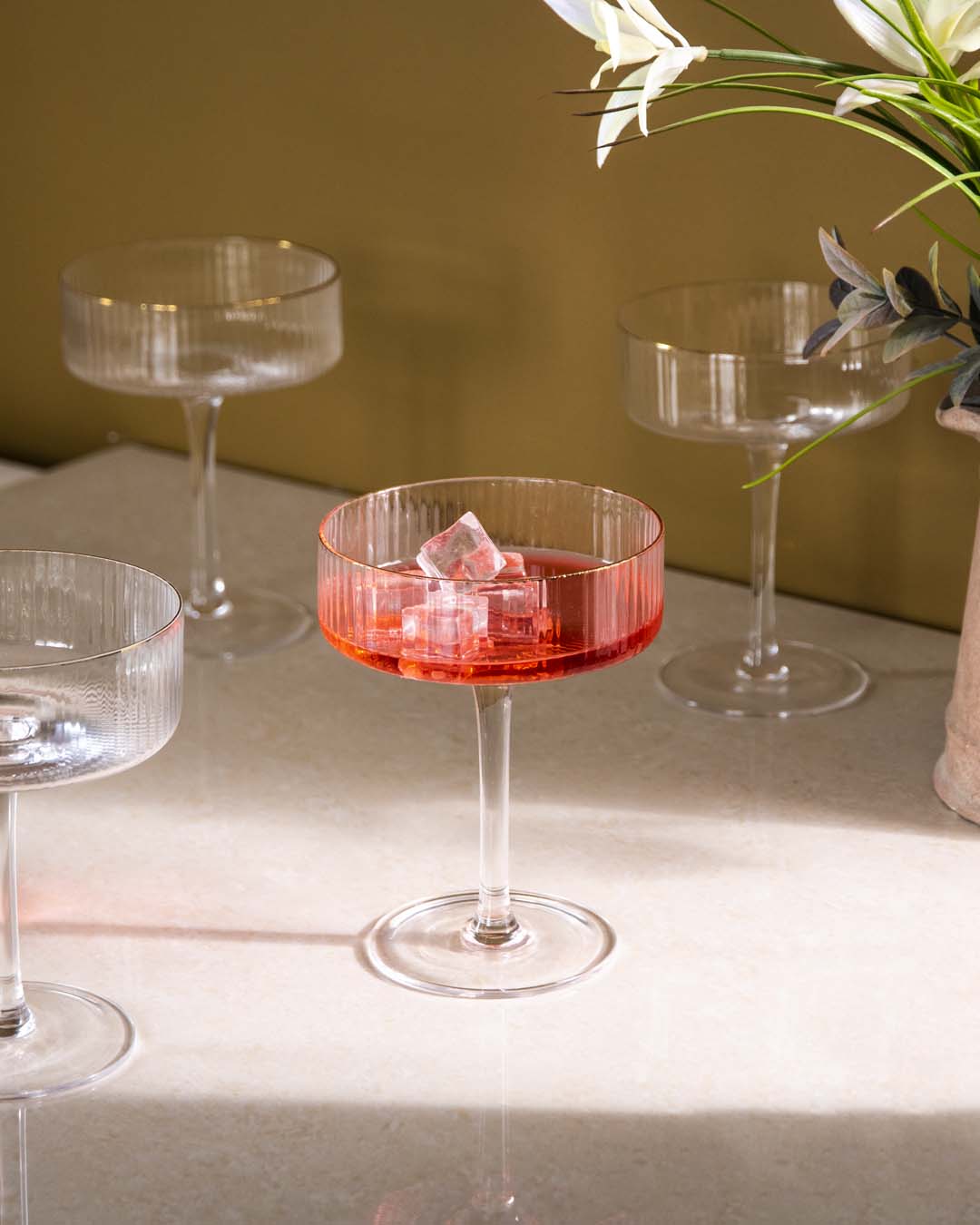 Ribbed Coupe Cocktail Glasses Set of 6 – Elegant Stemless Martini Dessert Serving Glasses for Parties Weddings Entertaining | Thomler