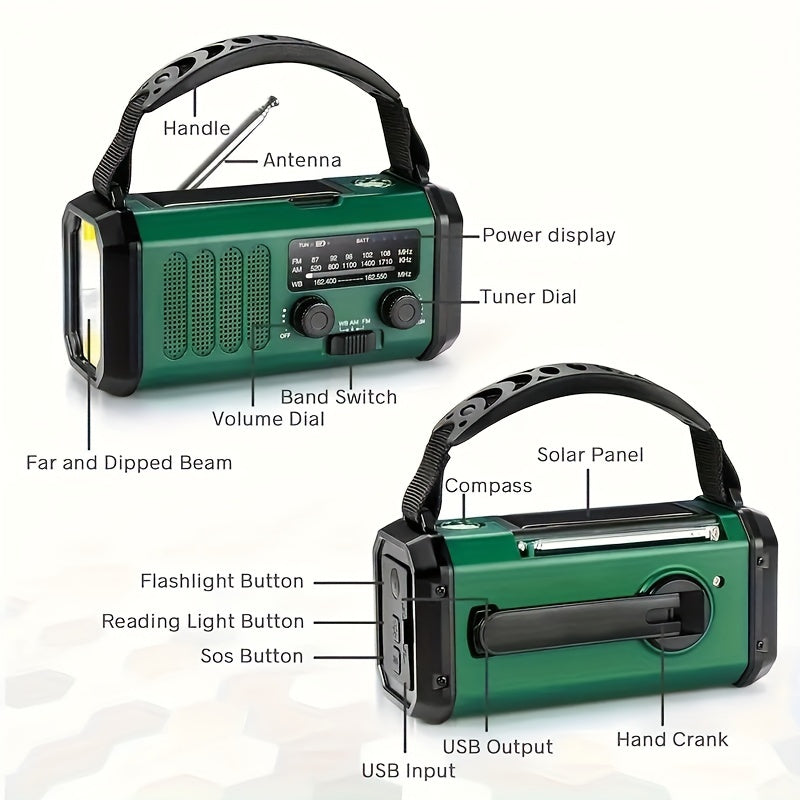 Solar Hand Crank Emergency Weather Radio with Flashlight & Phone Charger for Camping Hiking Outdoor Survival Power Outage Preparedness | Thomler