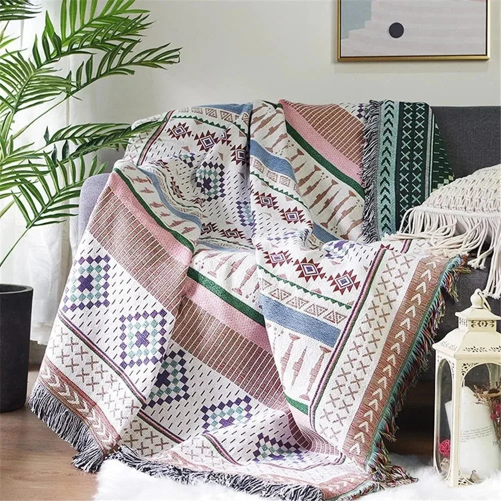 Throw Blanket Cotton Polyester Jacquard Weave Multicolour Sofa Bed Decorative Fringed Bohemian Living Room Accent Cover | Thomler