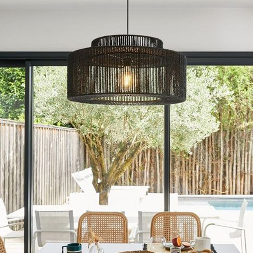 Woven Rattan Drum Ceiling Fixture – Hardwired Downlight for Dining Room & Living Room – Black Metal Farmhouse Hanging Light | Thomler
