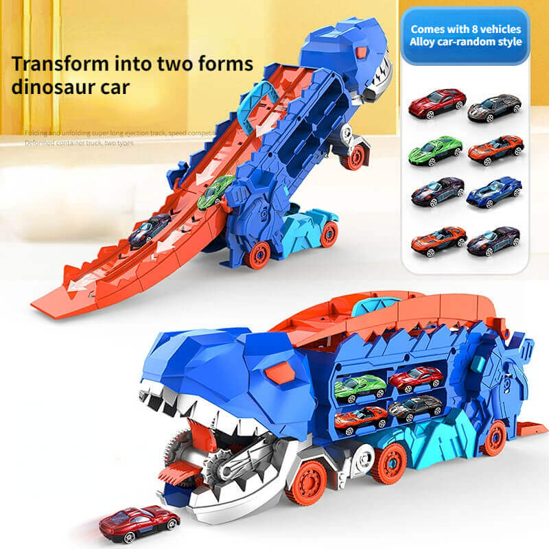 Dinosaur Carrier Truck with Race Track & Die-Cast Cars for Kids - 3-in-1 Transforming T-Rex Hauler for Boys & Girls | Thomler