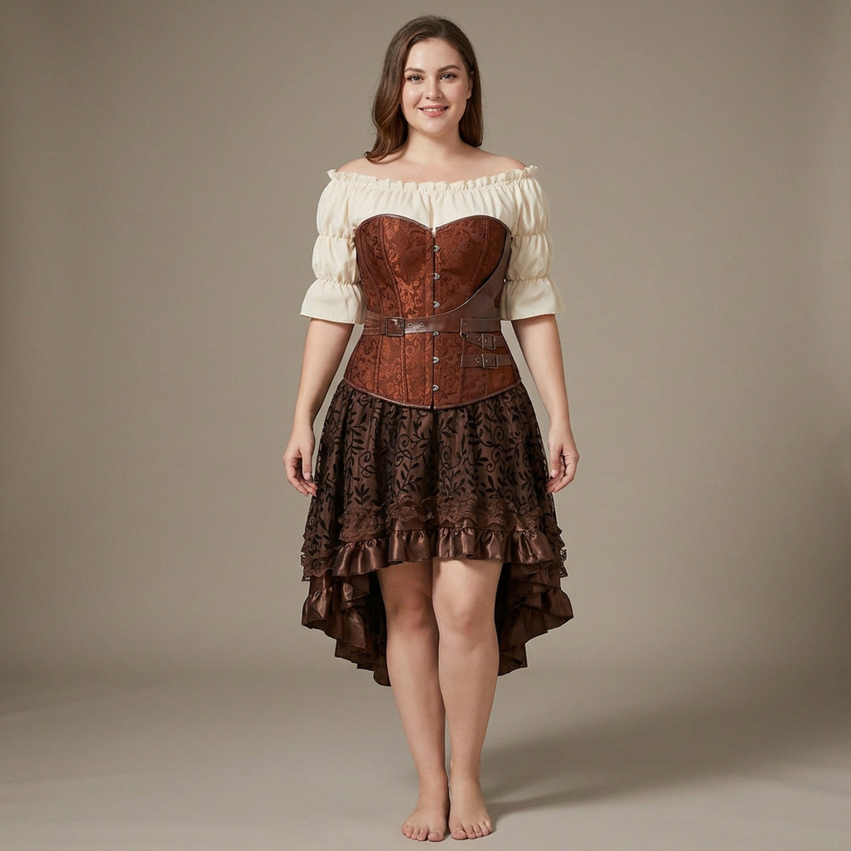 Three-Piece Renaissance Outfit with Boned Bodice, Ruffled Skirt & Puff-Sleeve Top for Women | Thomler