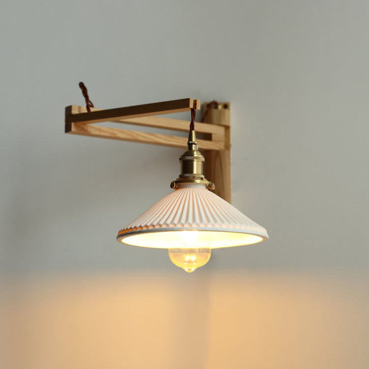Extending Wall Sconce with Ribbed Glass Shade and Wood Arm for Bedroom, Living Room & Hallway Reading Light | Thomler