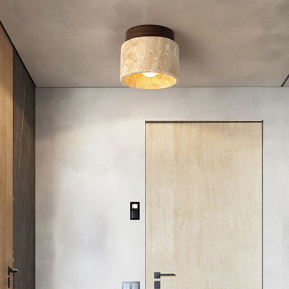 Ceiling Lamp Travertine Stone Solid Wood 25.0 cm Beige Hallway Bedroom Living Room Soft Ambient Lighting | Thomler