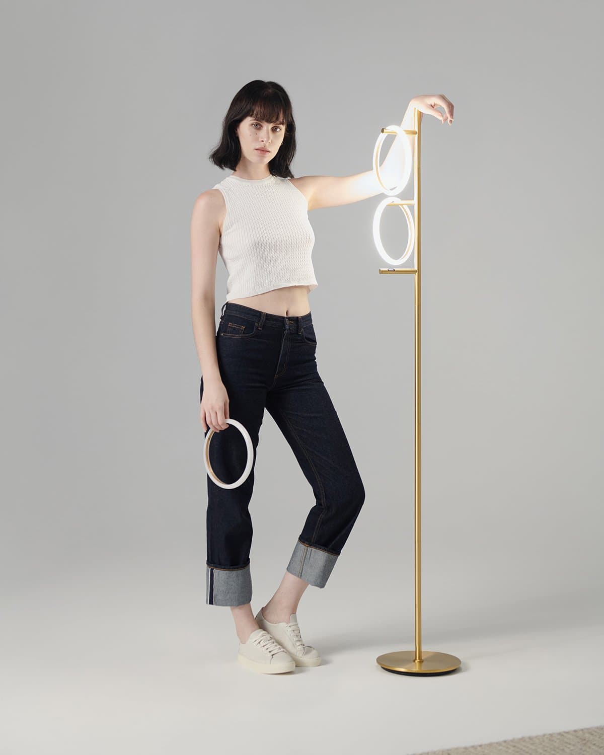 Vloerlamp Ring LED Dimbaar Goud Metaal 3 Lichtkringen Modern | Sansoti