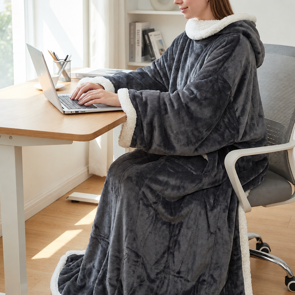 Oversized Fleece Blanket Hoodie with Sleeves & Foot Pocket – Plush Wearable Throw for Adults | Thomler