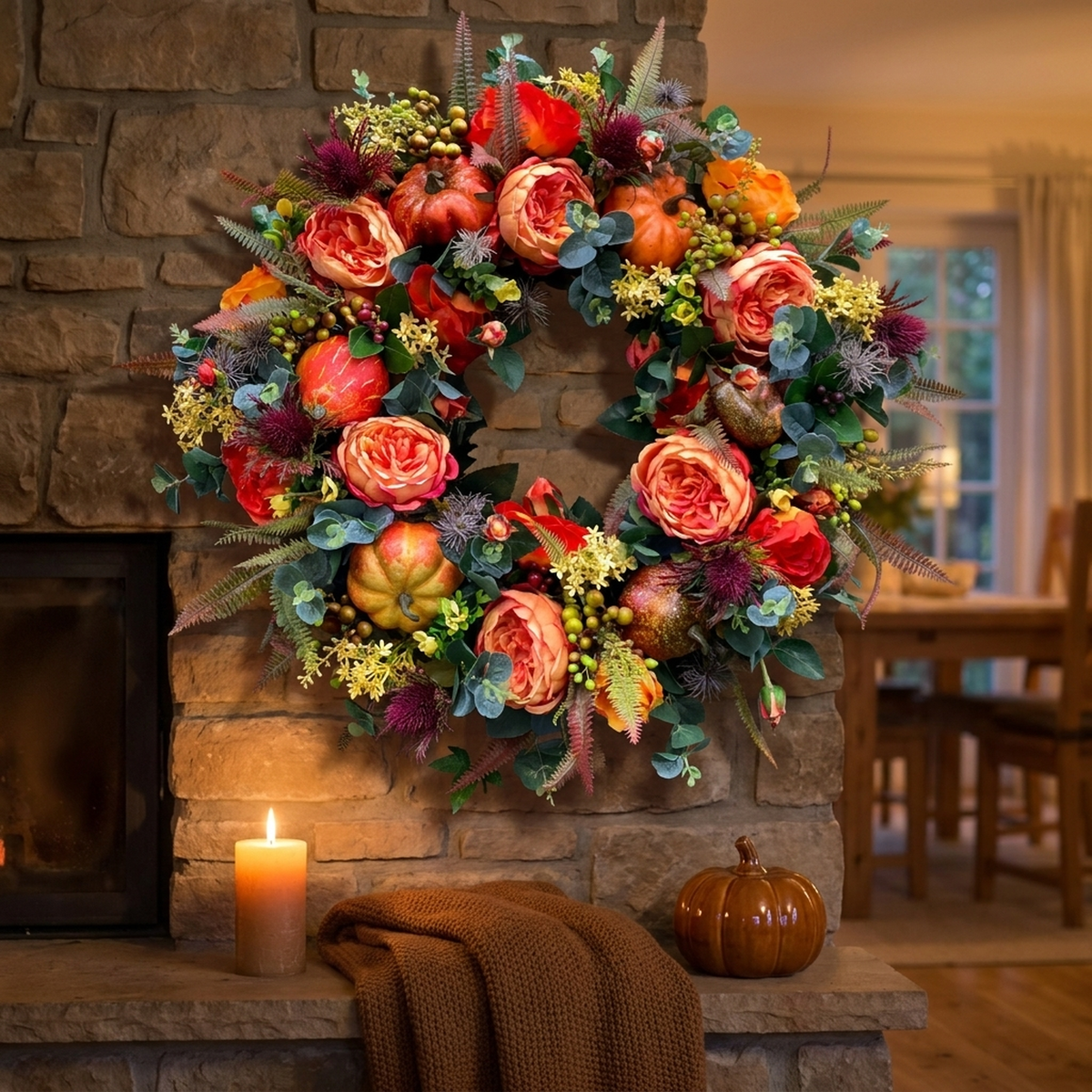 Handcrafted Fall Harvest Door Wreath with Gourds & Foliage – 16 Inch Diameter | Thomler