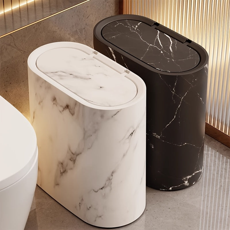 Waste Basket with Hinged Lid for Small Spaces – Oval Desktop Garbage Can for Bathroom, Bedroom, Office & Vanity | Thomler