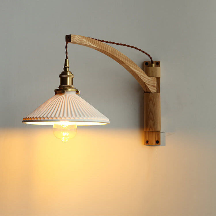 Extending Wall Sconce with Ribbed Glass Shade and Wood Arm for Bedroom, Living Room & Hallway Reading Light | Thomler