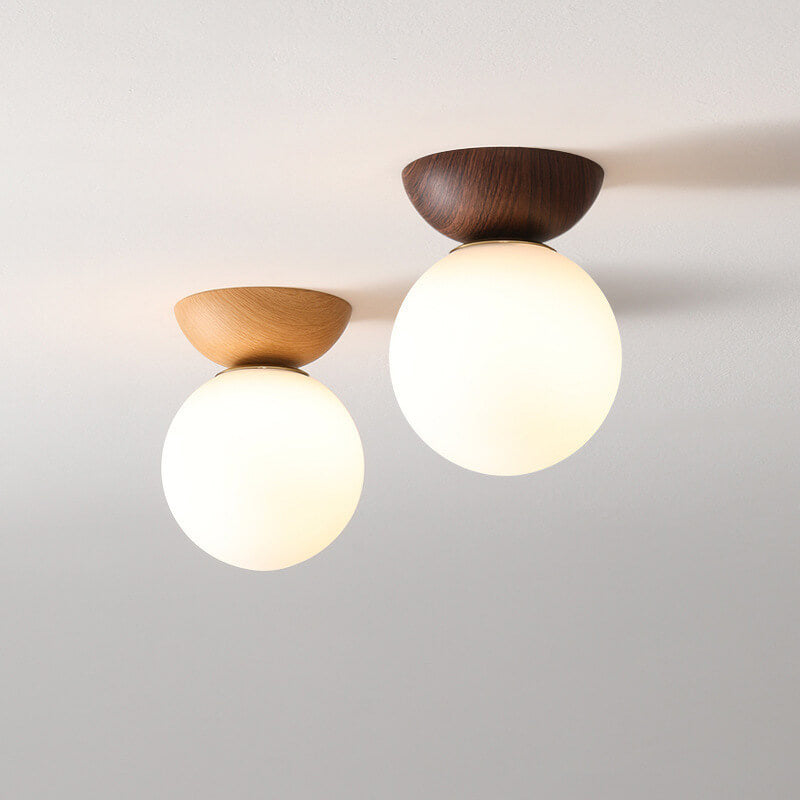 Globe Glass Ceiling Light with Wood Grain Finish – Modern Flush Mount & Pendant Option for Living Room, Bedroom, Hallway – E14 Socket | Thomler