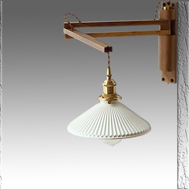 Extending Wall Sconce with Ribbed Glass Shade and Wood Arm for Bedroom, Living Room & Hallway Reading Light | Thomler
