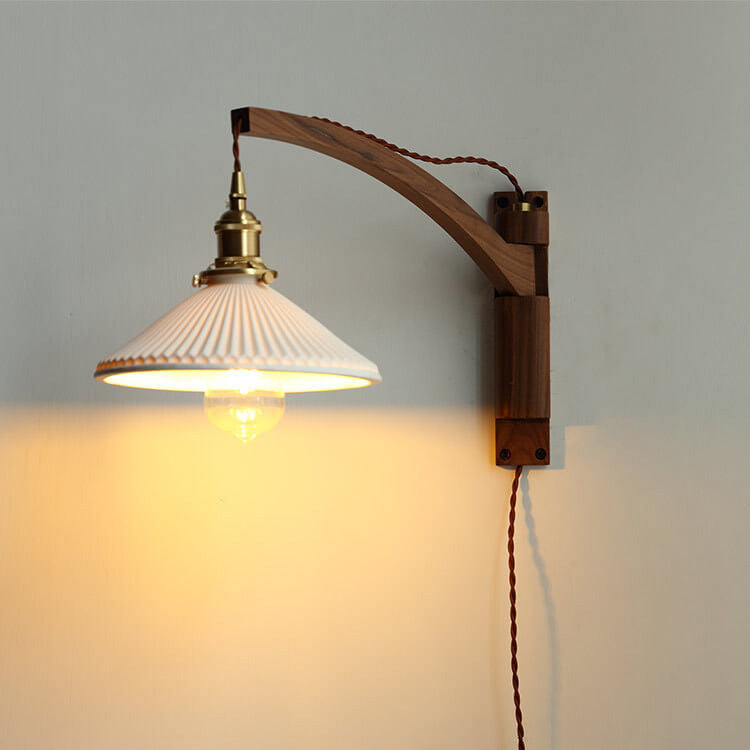 Extending Wall Sconce with Ribbed Glass Shade and Wood Arm for Bedroom, Living Room & Hallway Reading Light | Thomler