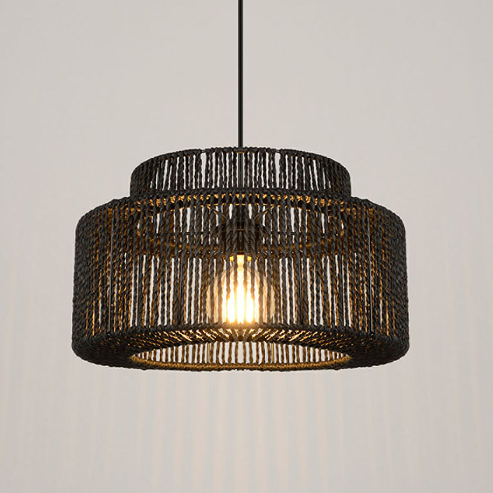 Woven Rattan Drum Ceiling Fixture – Hardwired Downlight for Dining Room & Living Room – Black Metal Farmhouse Hanging Light | Thomler