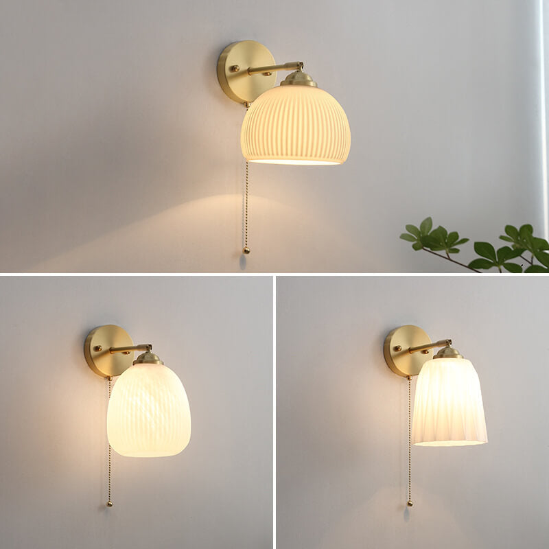 Pull Chain Wall Sconce with Striped Glass Shade – Single-Bulb Hardwired Fixture for Bedroom, Living Room, Hallway | Thomler