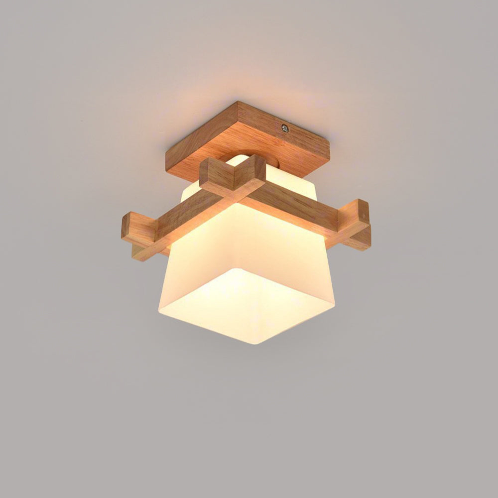 Ceiling Light Wood E27 20.0 cm White Japandi Hallway Bedroom Living Room Square Flush Mount Lamp | Thomler