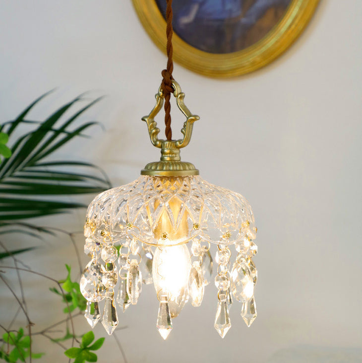 Pendant Light Crystal Glass 7.9 in Clear Gold Adjustable Flower Shop Living Room Restaurant Tea Room | Thomler