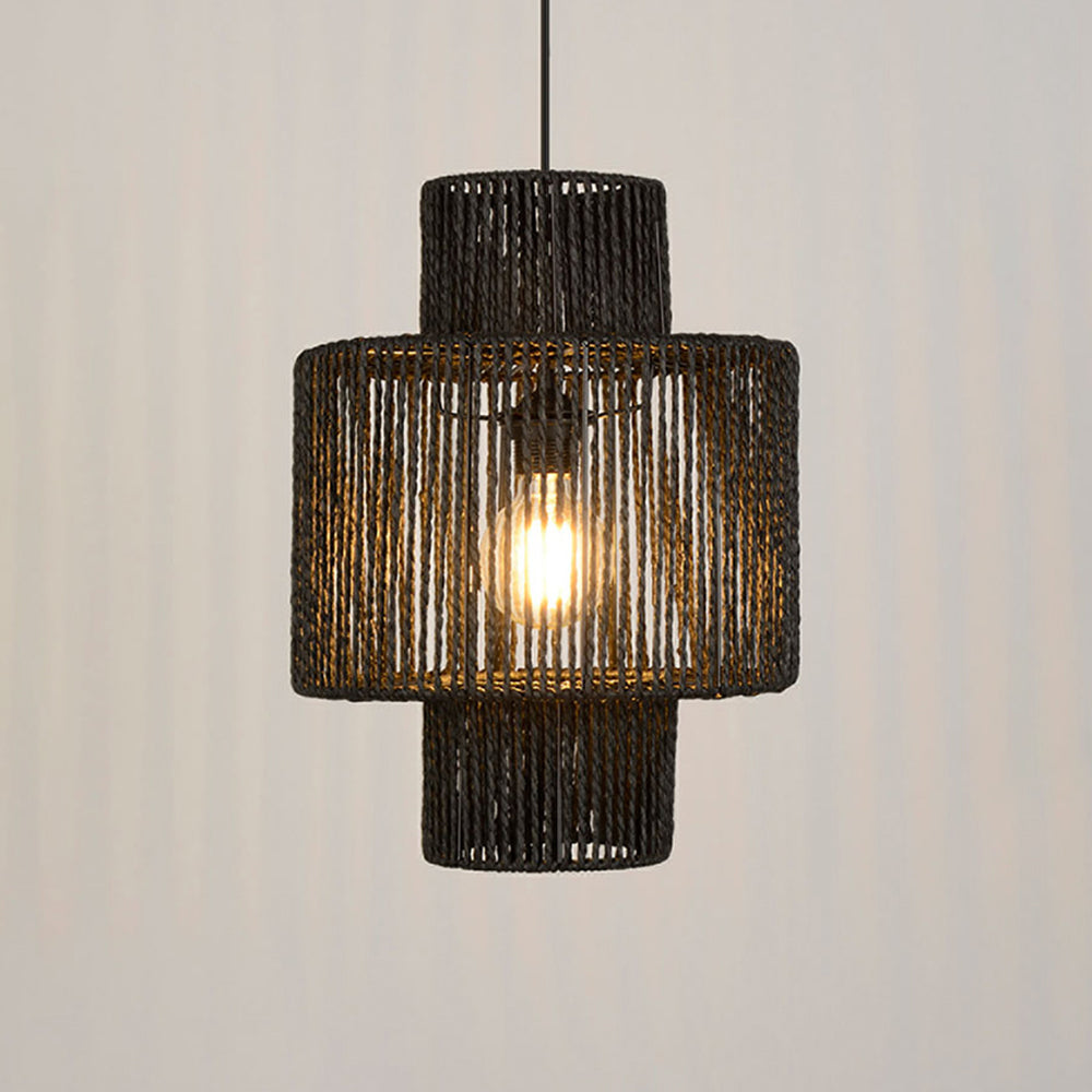 Woven Rattan Drum Ceiling Fixture – Hardwired Downlight for Dining Room & Living Room – Black Metal Farmhouse Hanging Light | Thomler