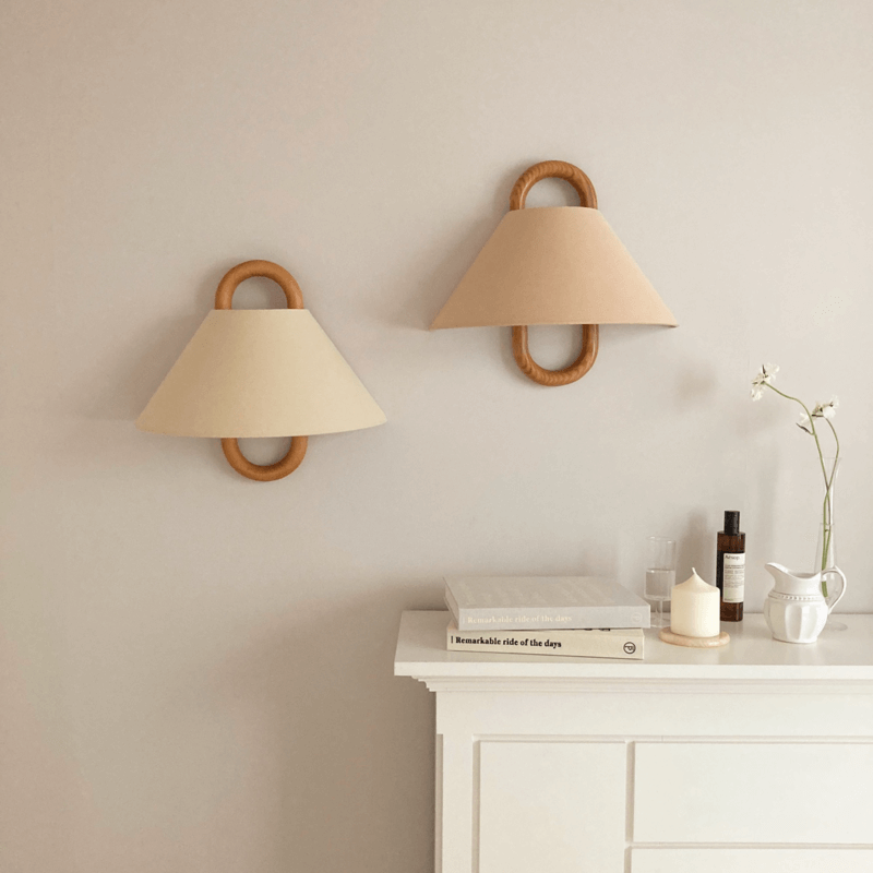 Fabric Half-Moon Wall Sconce with Natural Wood Backplate for Bedroom & Living Room | Thomler