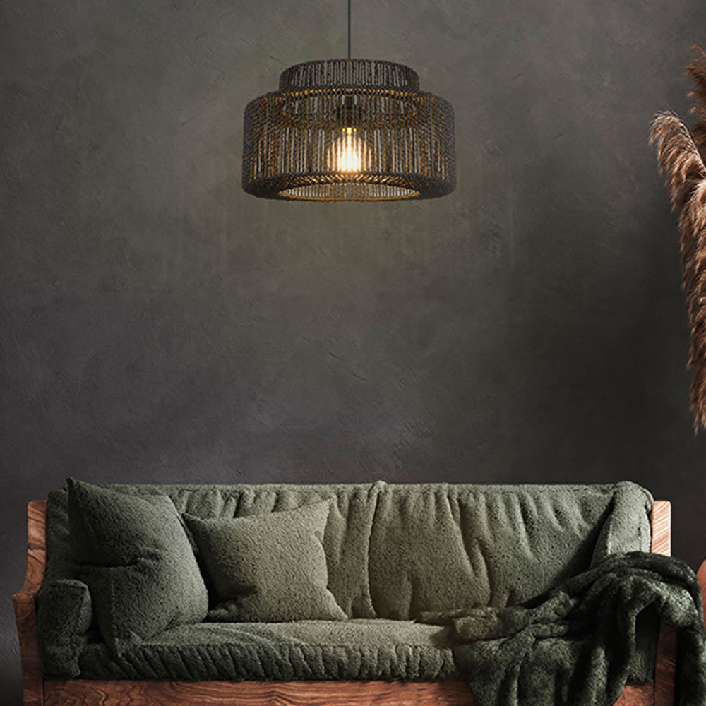 Woven Rattan Drum Ceiling Fixture – Hardwired Downlight for Dining Room & Living Room – Black Metal Farmhouse Hanging Light | Thomler