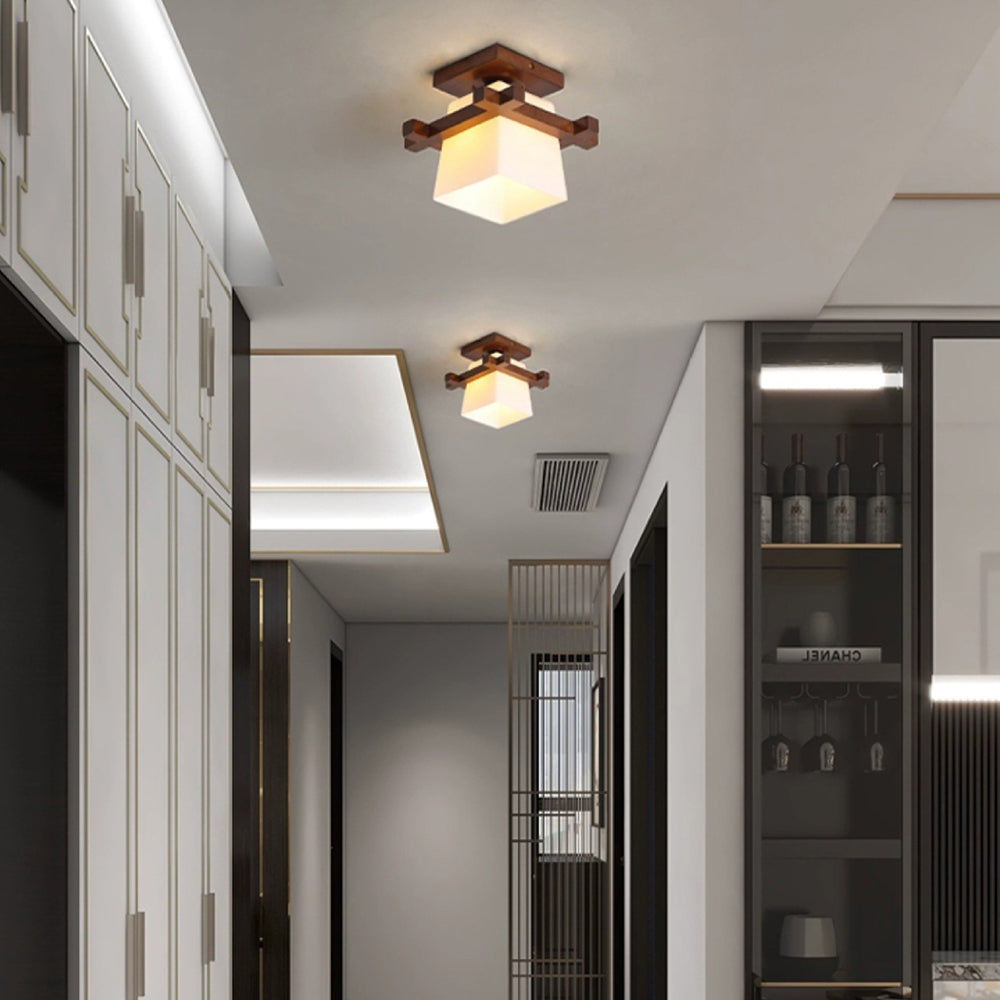 Ceiling Light Wood E27 20.0 cm White Japandi Hallway Bedroom Living Room Square Flush Mount Lamp | Thomler
