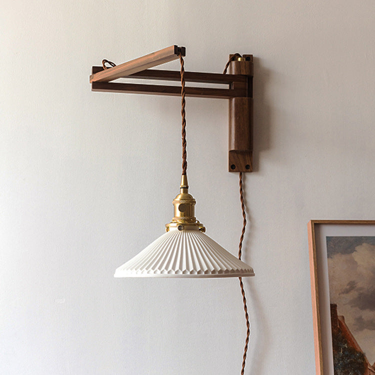 Swing Arm Ceramic Wall Sconce with Wood Bracket and Knob Switch for Bedroom Hallway Reading Nook Vintage Plug-In Lighting | Thomler