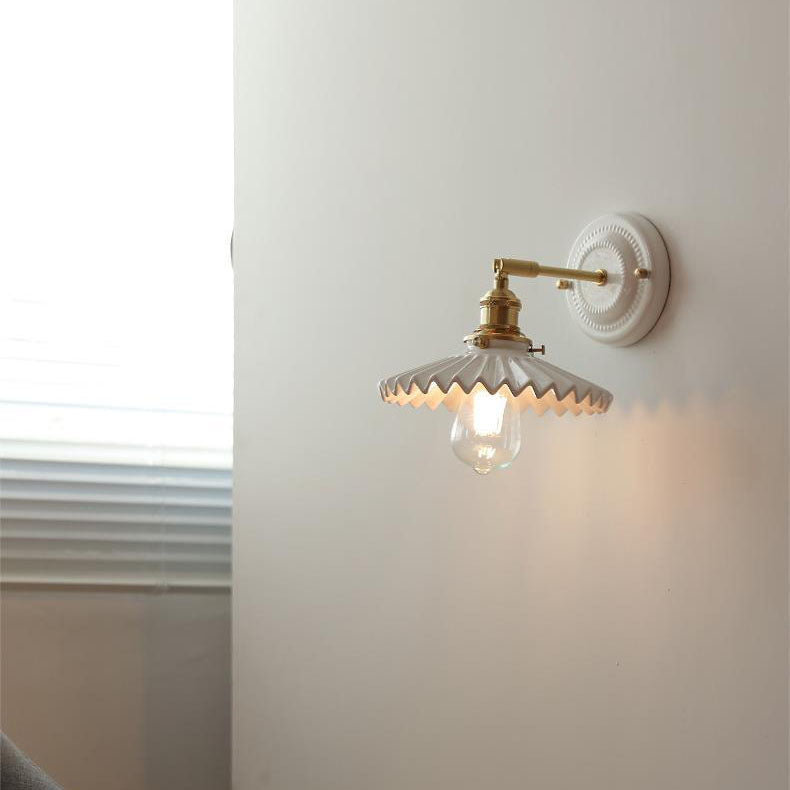 Pleated Shade Wall Sconce Lamp with Brass Arm for Bedroom Living Room & Study | Retro Japanese Style Ceramic Fixture | Thomler