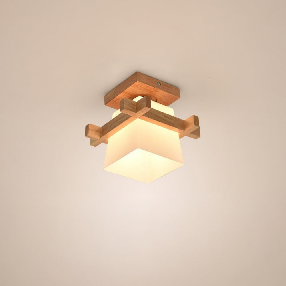 Ceiling Light Wood E27 20.0 cm White Japandi Hallway Bedroom Living Room Square Flush Mount Lamp | Thomler