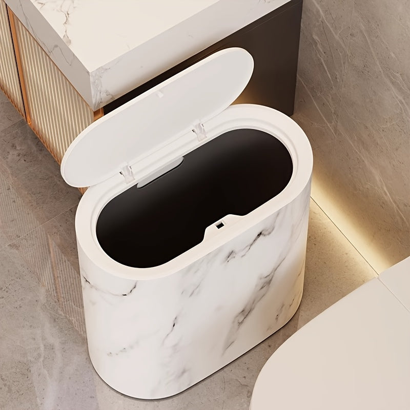 Waste Basket with Hinged Lid for Small Spaces – Oval Desktop Garbage Can for Bathroom, Bedroom, Office & Vanity | Thomler