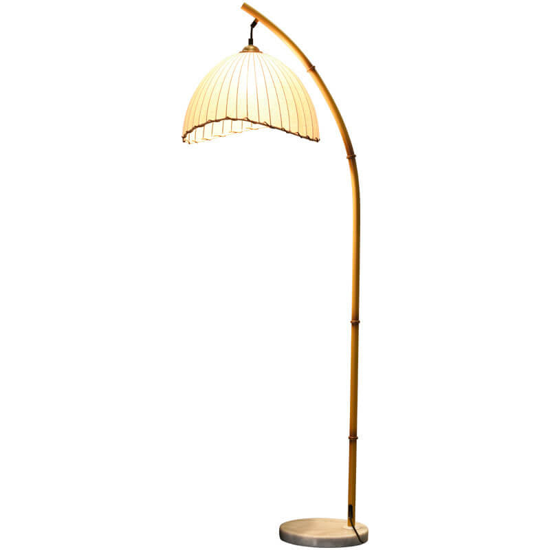 Floor Lamp Bamboo Look 160.0 cm White Arched Living Room Bedroom Retro Dimmable Pleated Fabric Reading Light | Thomler