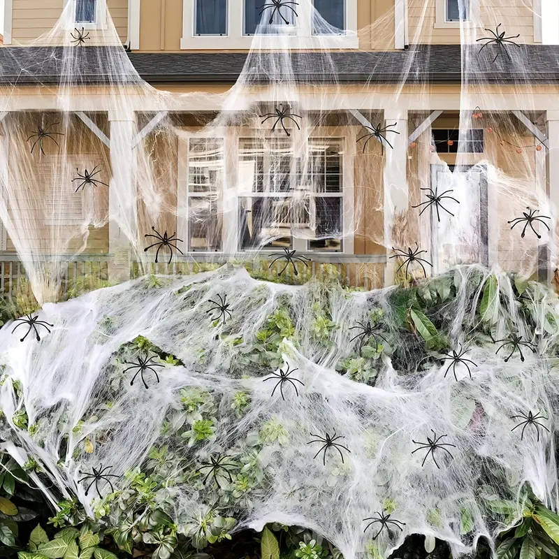 Stretchable Cobweb Set with 9 Plastic Spiders for Indoor & Outdoor Halloween Display – Covers 200 Sq Ft – Reusable Synthetic Web Material | Thomler