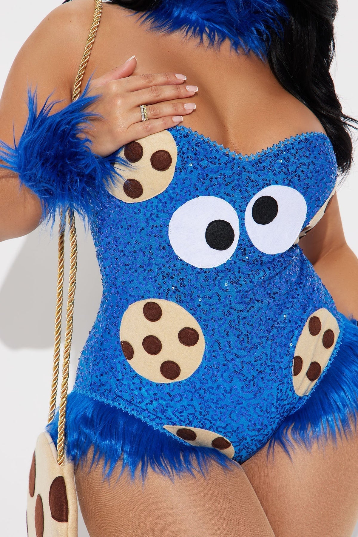 Sparkly Monster Character Outfit with Sequined Bodysuit & Furry Leg Warmers for Women – Halloween Party Costume Set | Thomler