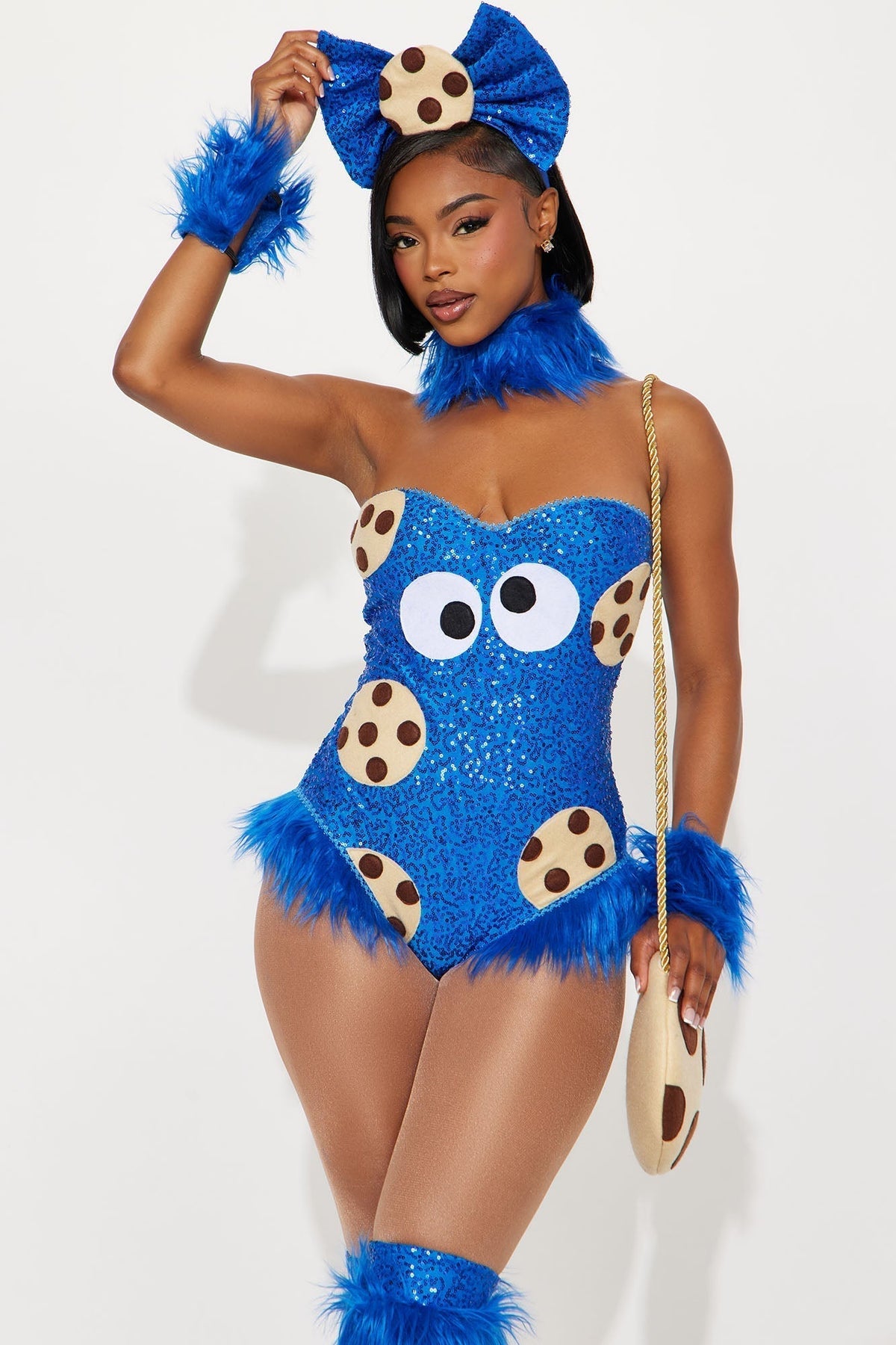 Sparkly Monster Character Outfit with Sequined Bodysuit & Furry Leg Warmers for Women – Halloween Party Costume Set | Thomler