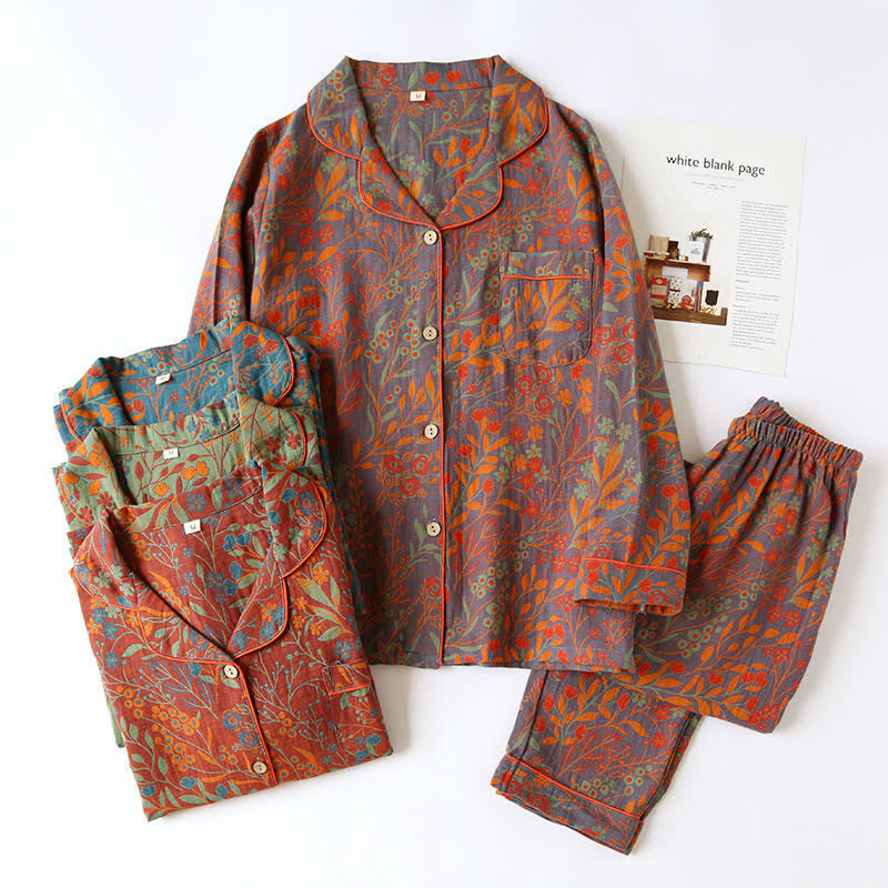 Women's Cotton Pajama Set with Botanical Leaf Print & Button-Down Top for Lounging | Thomler