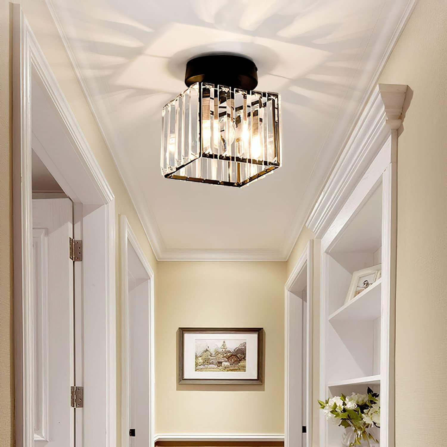 Square Brass Ceiling Light with Crystal Glass Cover – Modern Flush Mount Fixture for Bedroom, Hallway, Living Room & Home Office – E27 | Thomler