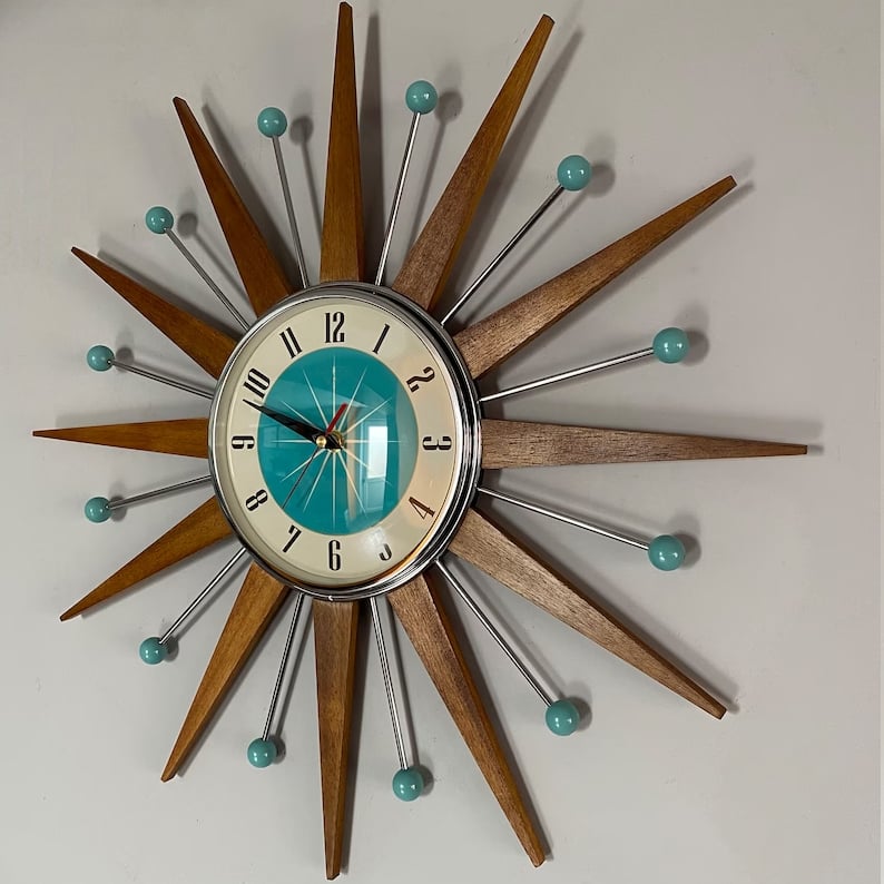 Handcrafted Sunburst Wall Clock Mid-Century Modern Design 16 Inch Silent Battery Operated Decorative Timepiece for Living Room Bedroom | Thomler