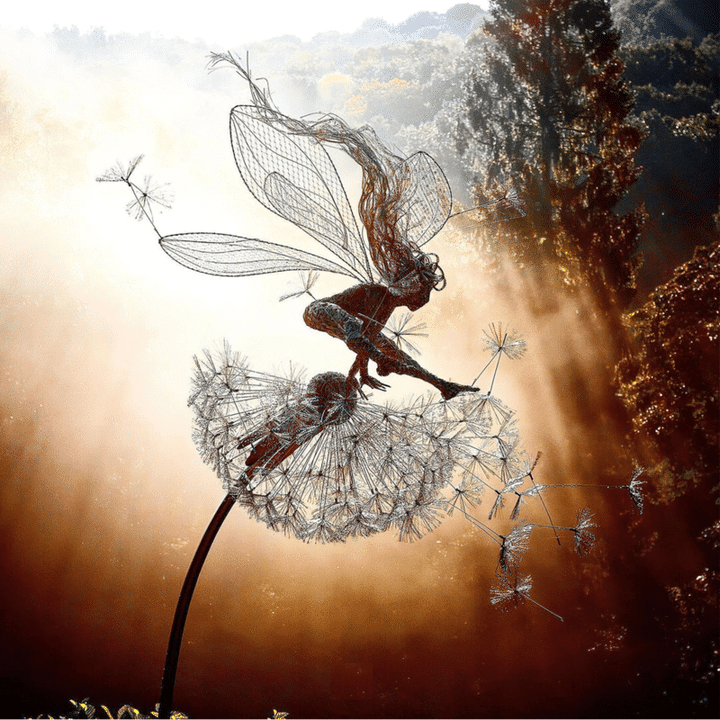 Metal Garden Fairy Stakes with Dandelion - Whimsical Weatherproof Lawn Ornament for Outdoor Flower Beds & Cottage Gardens | Thomler