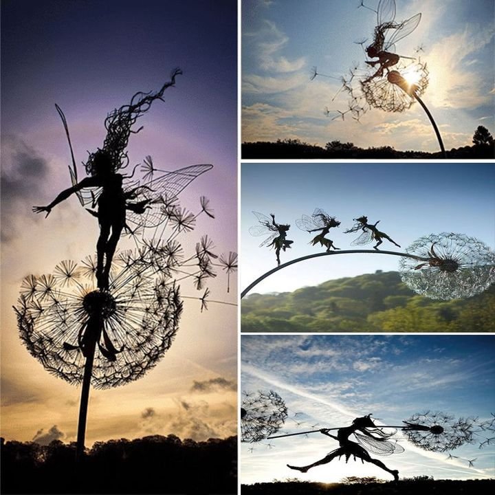 Metal Garden Fairy Stakes with Dandelion - Whimsical Weatherproof Lawn Ornament for Outdoor Flower Beds & Cottage Gardens | Thomler