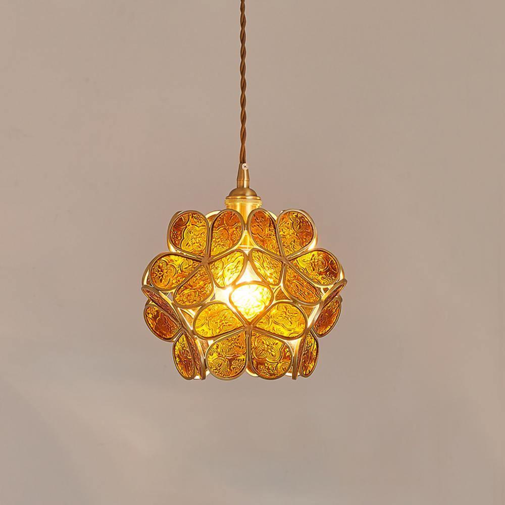 Pendant Light Brass Glass 7.9 in Petal Shape Indoor Ceiling Lamp Adjustable Hanging Height | Thomler