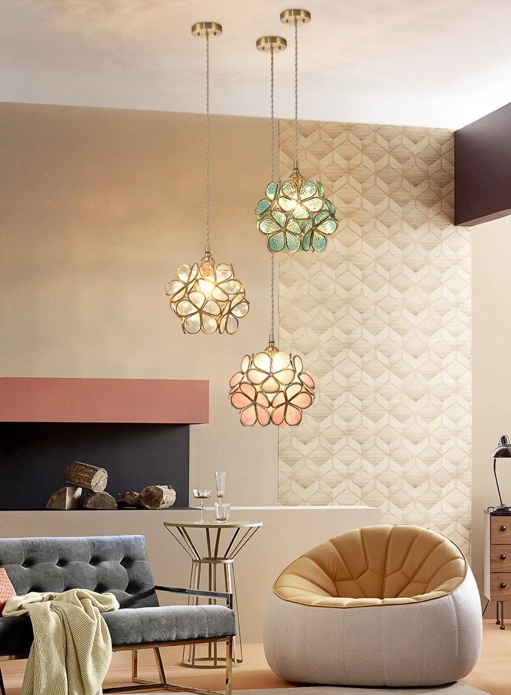 Pendant Light Brass Glass 7.9 in Petal Shape Indoor Ceiling Lamp Adjustable Hanging Height | Thomler