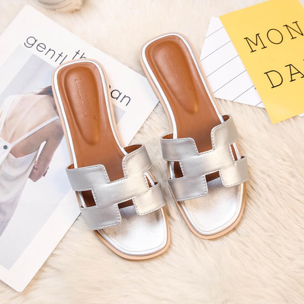 Women's Slip-On Sandals Flat Synthetic Leather Slide Slippers White Black Brown Pink Gold for Summer Beach Casual Everyday | Thomler