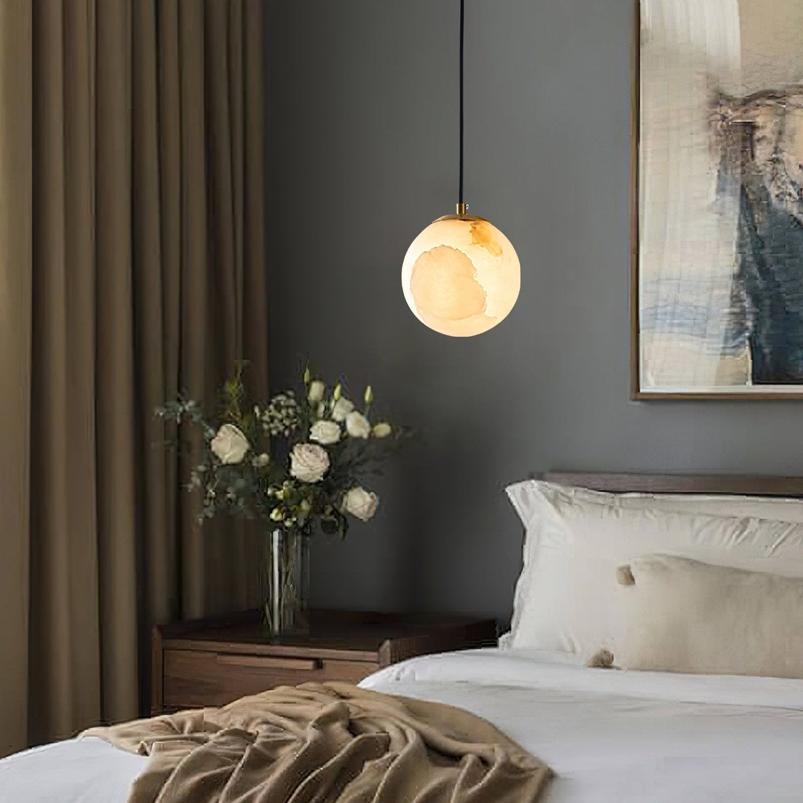 Pendant Light Alabaster Globe 3.9–5.9 in Adjustable Bedroom Dining Hanging Ceiling Lamp Modern Minimalist Stone Fixture | Thomler