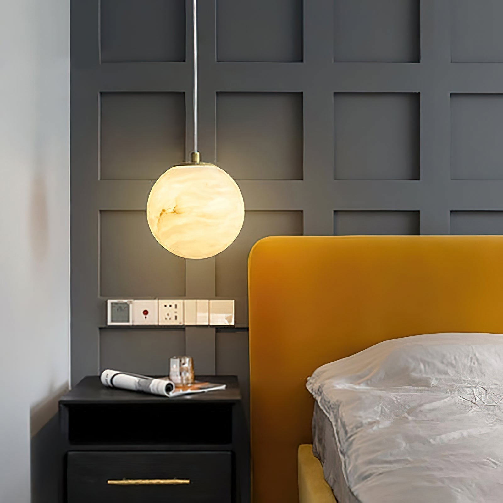 Pendant Light Alabaster Globe 3.9–5.9 in Adjustable Bedroom Dining Hanging Ceiling Lamp Modern Minimalist Stone Fixture | Thomler