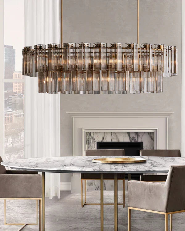 Oval Glass Panel Chandelier with Metal Frame 4-17 Lights Adjustable Height for Dining Room & Entryway | Thomler