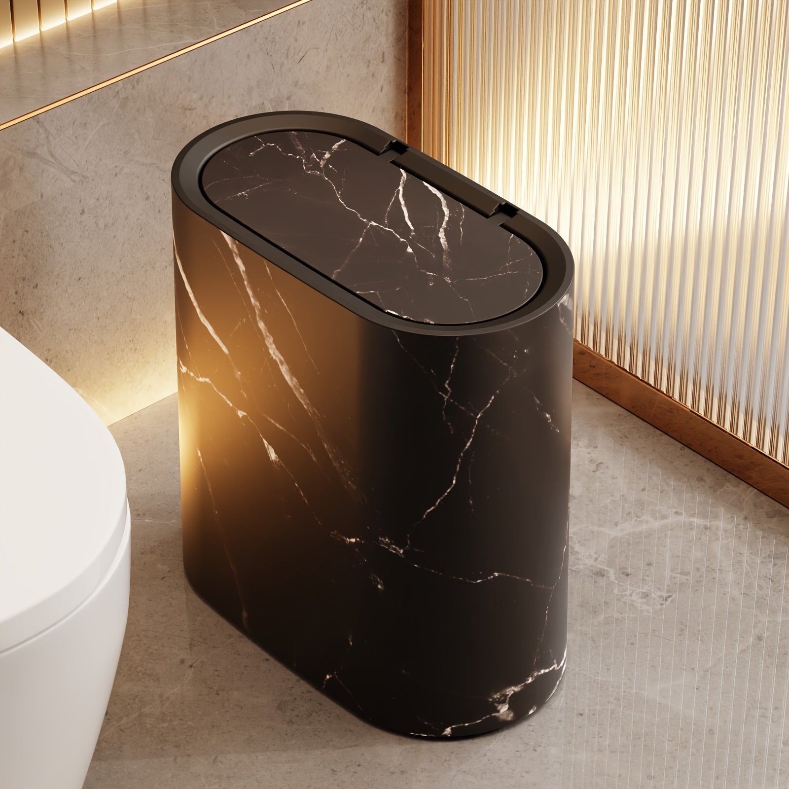 Waste Basket with Hinged Lid for Small Spaces – Oval Desktop Garbage Can for Bathroom, Bedroom, Office & Vanity | Thomler