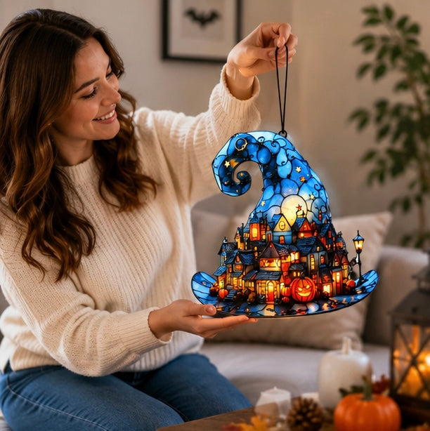 Acrylic Hanging Window Ornament – Spooky Season Silhouette with Pointed Hat and Village Scene for Halloween Home Accents | Thomler