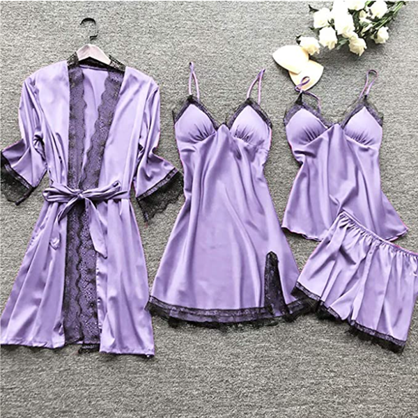 Women's Satin Pajama Set 4-Piece Robe Cami Shorts & Pants with Lace Trim for Bedroom Loungewear Sleepwear Nightwear Gift | Thomler