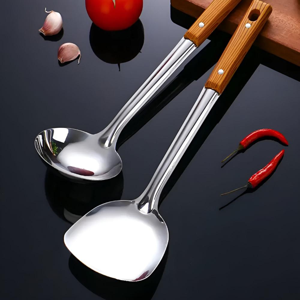 Kitchen Utensil Set Stainless Steel Wooden Handle 5 Piece Everyday Cooking Serving Tools Non Stick Safe Kitchen Accessories | Thomler